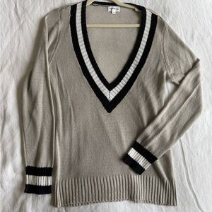 Superdown Taupe V-Neck Sweater with Monochrome Trim